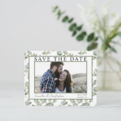 Moderne Save the Date grüne Eukalyptus & Foto Postkarte (Stehend Vorderseite)