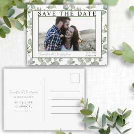 Moderne Save the Date grüne Eukalyptus & Foto Postkarte