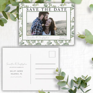Moderne Save the Date grüne Eukalyptus & Foto Postkarte