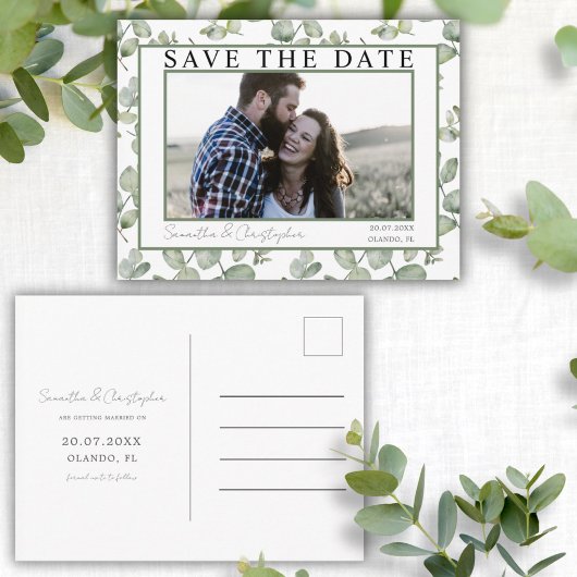Moderne Save the Date grüne Eukalyptus & Foto Postkarte