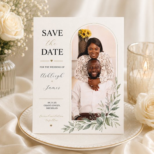 Moderne Save-the-Date-Karte mit Salbeigrün-Fotogra Save The Date