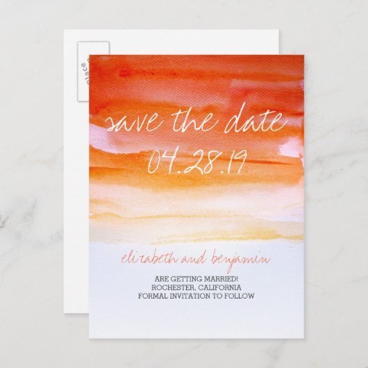 Moderne Save the Date-Postkarten in Aquarellfarben Ankündigungspostkarte (Vorne/Hinten)