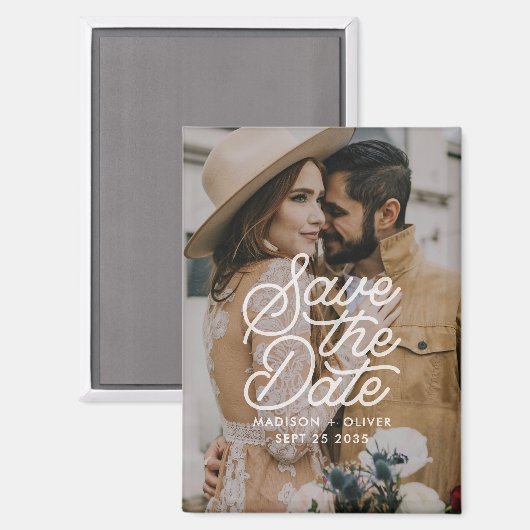 Moderne Save the Date Retro Script Foto Hochzeit Magnet (Vorderseite/Rückseite)