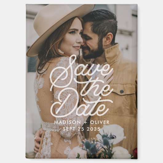 Moderne Save the Date Retro Script Foto Hochzeit Magnet (Vorderseite)