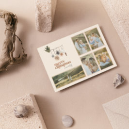 Moderne Scandi Boho Neutral Familie 5 Foto froh Feiertagskarte