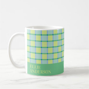 Moderne Schachbrettmuster in Blau, Grün und Limett Kaffeetasse