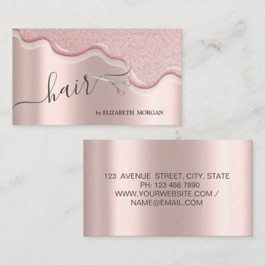 Moderne Schere Glitzer Tropfen Haare Rose Gold Visitenkarte (Vorne/Hinten)