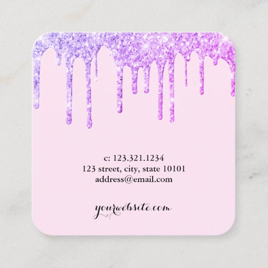 Moderne Schere lila Glitzer Tropfen Haare Quadratische Visitenkarte (Rückseite)