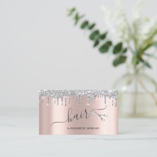 Moderne Schere Silver Glitzer Tropfen Rose Gold Visitenkarte (Stehend Vorderseite)