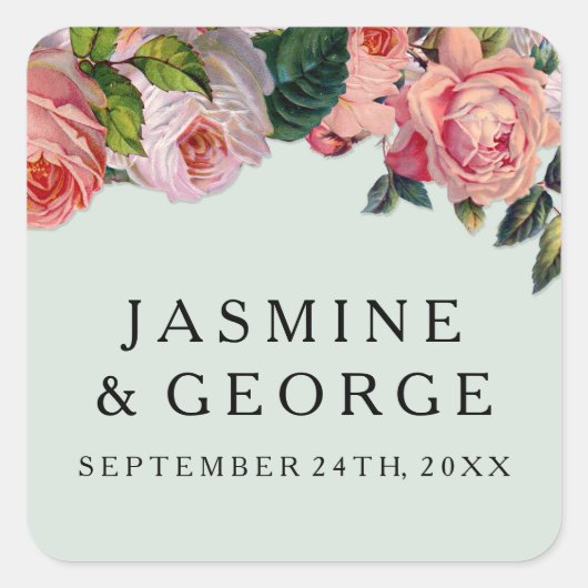 MODERNE, schick, breite Streifen mit Rose, Minzgrü Quadratischer Aufkleber (Vorderseite)