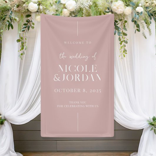 Moderne, schick-dusty Rose Hochzeit Willkommen Banner