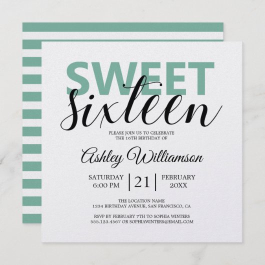 Moderne, schick grüne Streifen Rosa Sweet 16 Einladung (Vorne/Hinten)