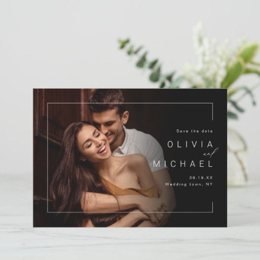 Moderne schick-minimalistische Foto-Hochzeit speic Save The Date (Stehend Vorderseite)