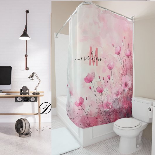 Moderne schick rosa Monogramm Elegante Script Hoch Duschvorhang