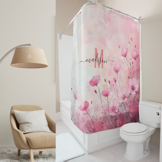 Moderne schick rosa Monogramm Elegante Script Hoch Duschvorhang