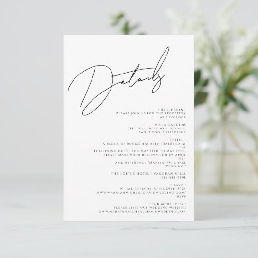 Moderne schick White & Black Scripts Wedding Begleitkarte (Stehend Vorderseite)