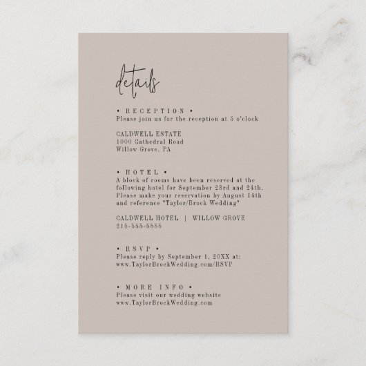 Moderne, schicke FARBE EDITABLE Wedding Details Begleitkarte (Vorderseite)