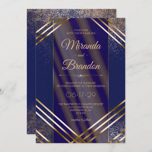 Moderne schicke Gold Confetti Navy Blue Wedding Einladung (Vorne/Hinten)