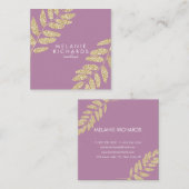 Moderne, schicke goldene Glitzer Blätter mit lila Quadratische Visitenkarte (Vorne/Hinten)