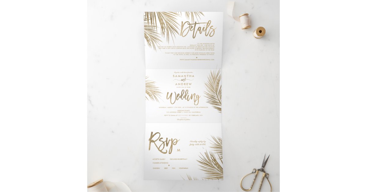 Moderne Schicke Goldpalme Elegante Hochzeit Dreifach Gefaltete Einladung Zazzle De Kostenlose einladungskarten, einladungstexte und passende sprüche zur inspiration für die perfekte einladung. zazzle
