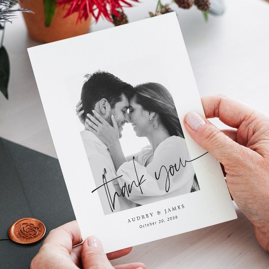 Moderne, schicke, handgeschriebene, weiße Foto Hoc Dankeskarte