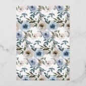 Moderne schicke Hochzeit mit blauer Flora Folieneinladung (Rückseite)