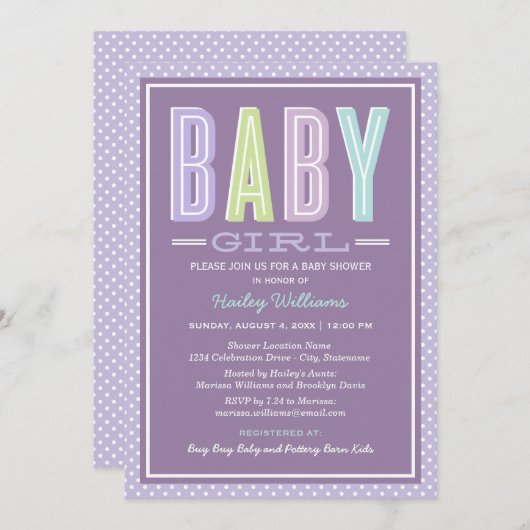 Moderne schicke Lavendel Lila Girl Baby Dusche Einladung (Vorne/Hinten)