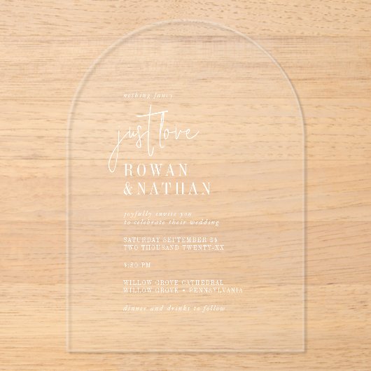 Moderne schicke Liebe Weiße, einzigartige Arch-Hoc Acryleinladungen (Vorderseite)