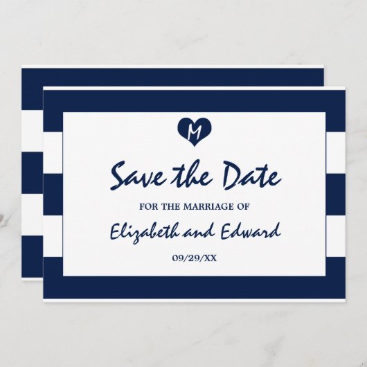 Moderne schicke Marine und weiße Hochzeit retten d Save The Date (Vorne/Hinten)