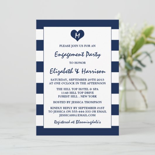 Moderne schicke Navy Blue & White Engagement Party Einladung (Stehend Vorderseite)