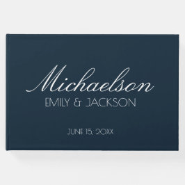 Moderne schicke Navy Blue White Script Hochzeit Gästebuch