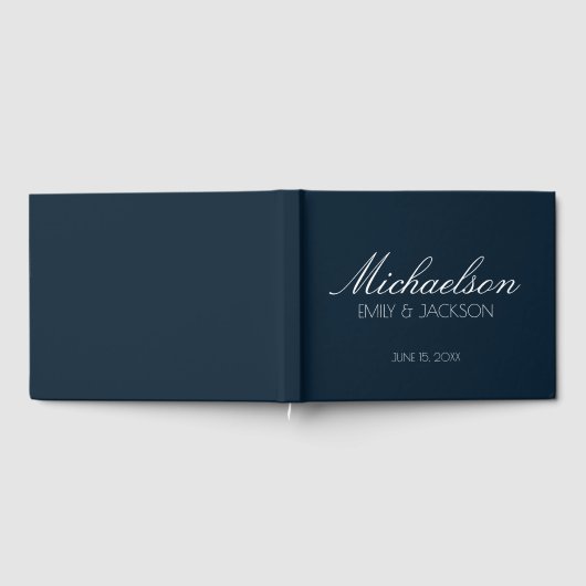 Moderne schicke Navy Blue White Script Hochzeit Gästebuch (Voll)