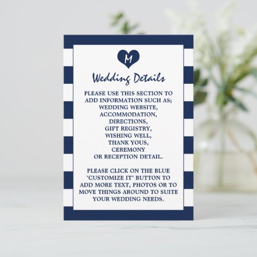 Moderne schicke Navy Blue & White Wedding Details Begleitkarte (Stehend Vorderseite)