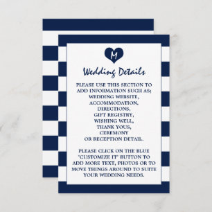 Moderne schicke Navy Blue & White Wedding Details Begleitkarte