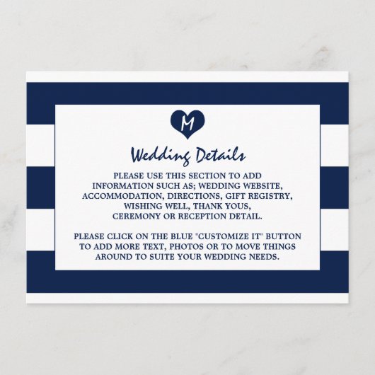 Moderne schicke Navy Blue & White Wedding Details Begleitkarte (Vorderseite)