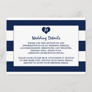 Moderne schicke Navy Blue & White Wedding Details Begleitkarte