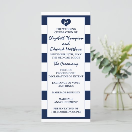 Moderne schicke Navy Blue & White Wedding Programm (Stehend Vorderseite)