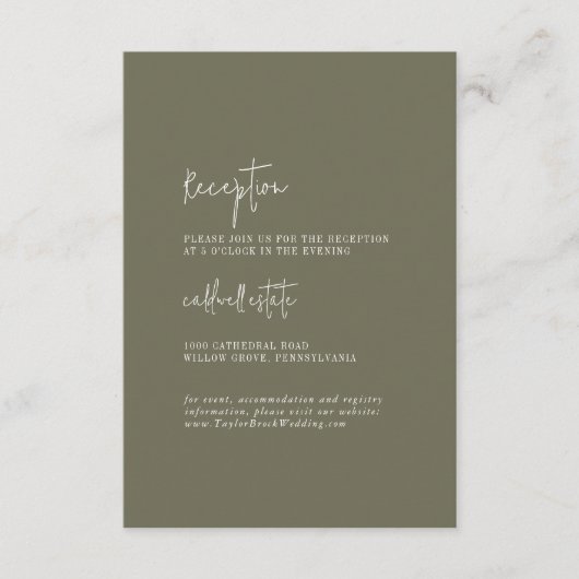 Moderne schicke Olive Green Hochzeitsempfehlung Begleitkarte (Vorderseite)