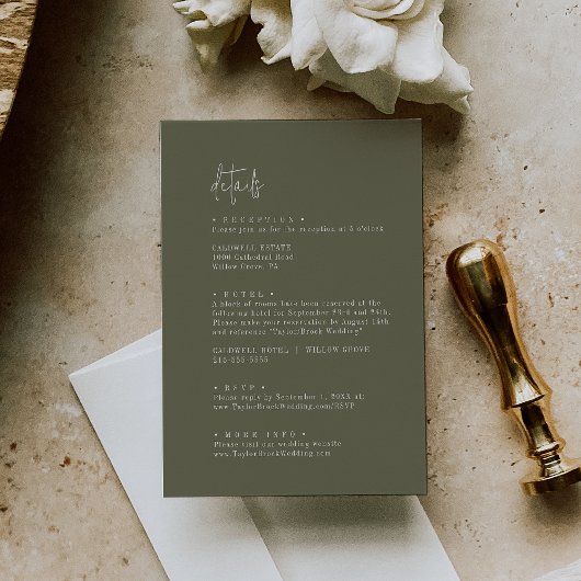Moderne schicke Olive Green Wedding Details Begleitkarte