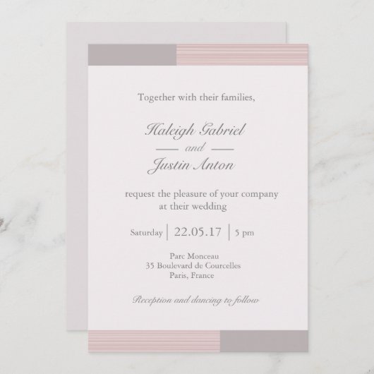 Moderne, schicke, rosa graue Streifen Hochzeit Einladung (Vorne/Hinten)