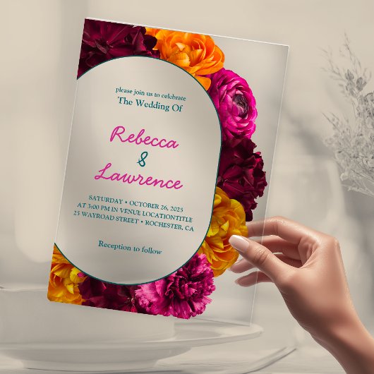 Moderne, schicke, rosa, grüne, gelbe Blumenhochzei Acryleinladungen