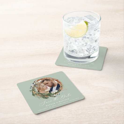 Moderne, schicke Schrift-Kranz-Foto Hochzeit Rechteckiger Pappuntersetzer (Vor Ort)