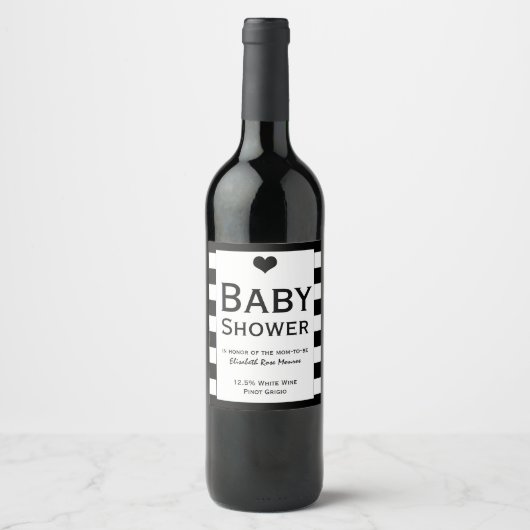 Moderne schicke Schwarz & Weiß Babydusche Weinetikett (Vorderseite)