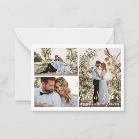 moderne schicke Skripthochzeit 3 Fotos danke Mitteilungskarte (Vorderseite)