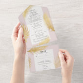 Moderne schicke Tropical Gold Palm Soft Pink Weddi All In One Einladung (Abreißtisch)