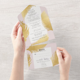Moderne schicke Tropical Gold Palm Soft Pink Weddi All In One Einladung