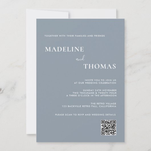 Moderne schicke Typografie Dusty Blue Foto Wedding Einladung (Vorderseite)