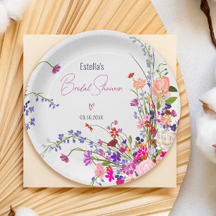 Moderne schicke wilde Blumen Schrift Brautparty Pappteller