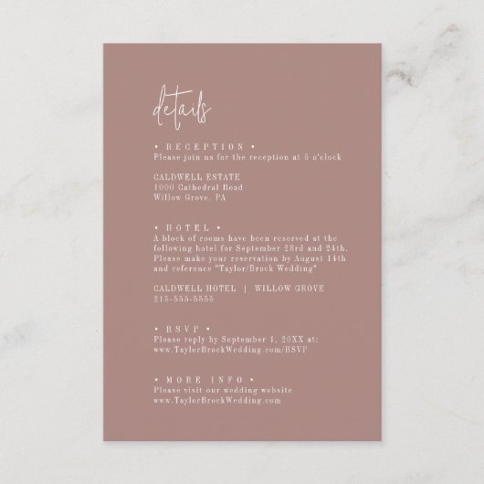 Moderne schicke Zimt Rosa Hochzeitsdetails Begleitkarte (Vorderseite)