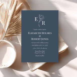 Moderne Schieferblaue Florale Monogramm-Hochzeit  Einladung